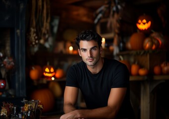 An attractive man wearing a black T-shirt, with Halloween decorations in the background, including candles and pumpkins. 