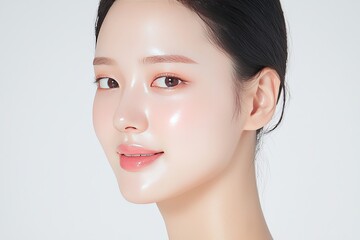young South Korean cosmetic model, A beautiful model with very light makeup, perfect skin and a smooth face