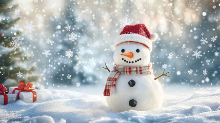 A cheerful snowman standing in a snowy winter scene with festive decorations and a holiday vibe