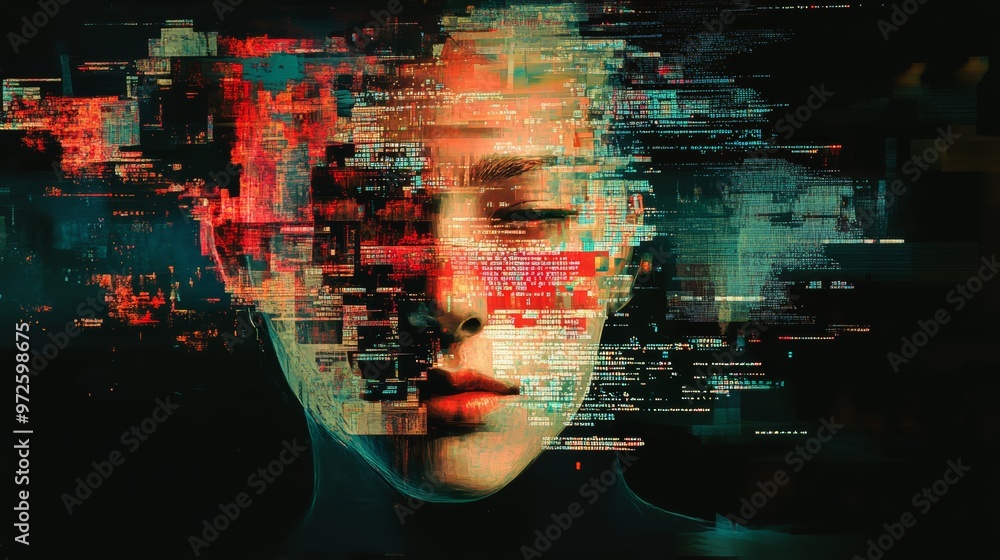 Poster Futuristic digital face composed of data fragments and glitching pixels. Represents cybersecurity and digital identity.