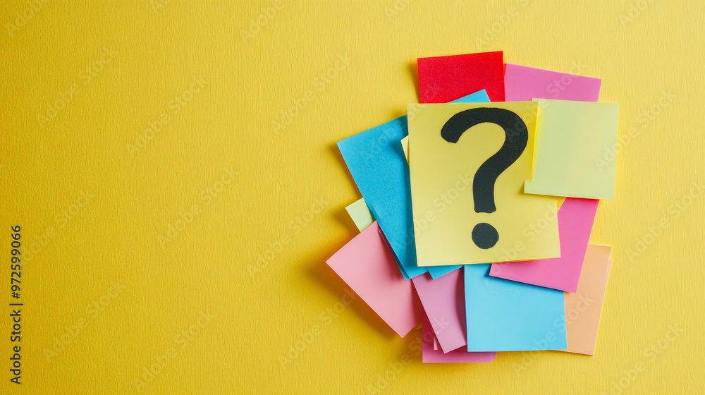 Poster Multiple question marks floating in front of a laptop screen as a person types, symbolizing online research and inquiry.