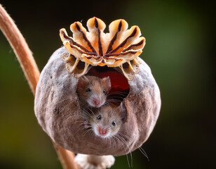 Obraz premium A family of mice that have a nest in the head of a dry poppy plant. A family of mice with their heads out of the nest