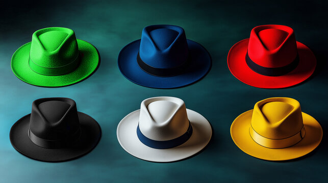 Six hats—White, Red, Black, Yellow, Green, and Blue. Visually interpret, visual metaphors, cognitive processes. Modern hats