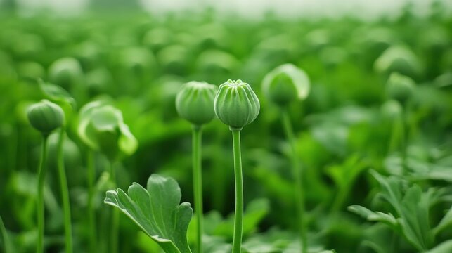 A close up of opium poppy at the field or green meadow, AI