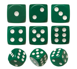  Set green gambling dice flying, isolated on white background, clipping path