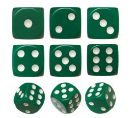  Set green gambling dice flying, isolated on white background, clipping path