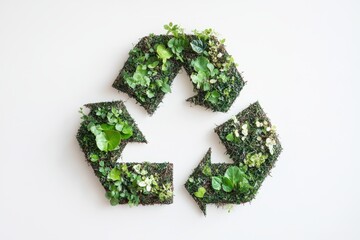 green recycle eco symbol made out of green leaves and branches, white background, recycling