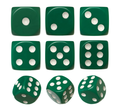  Set green gambling dice flying, isolated on white background, clipping path