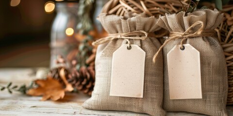 Charming Autumn Wedding Gifts in Natural Jute Bags with Personalized Tags