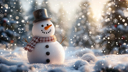 Fototapeta premium A cheerful snowman standing in a snowy winter scene with festive decorations and a holiday vibe