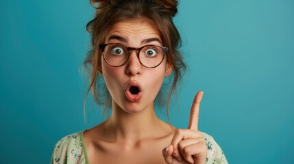 Obraz premium A woman with glasses is pointing upwards enthusiastically