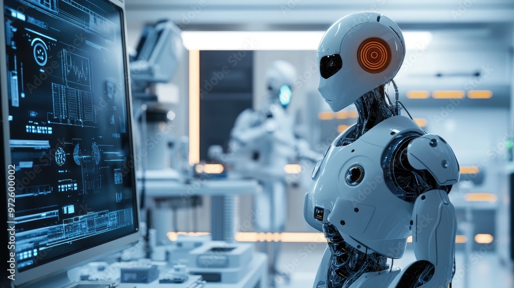 Poster an ai robot stands in a science lab, looking at its reflection in a large mirror, surrounded by adva