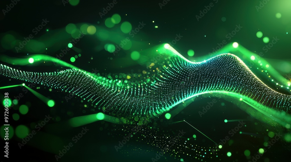 Poster abstract wave of glowing green particles in mesmerizing flow.