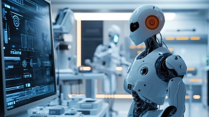 Fototapeta premium An AI robot stands in a science lab, looking at its reflection in a large mirror, surrounded by advanced equipment and research tools