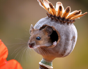 A mouse looking out of the side hole of a dry poppy plant head