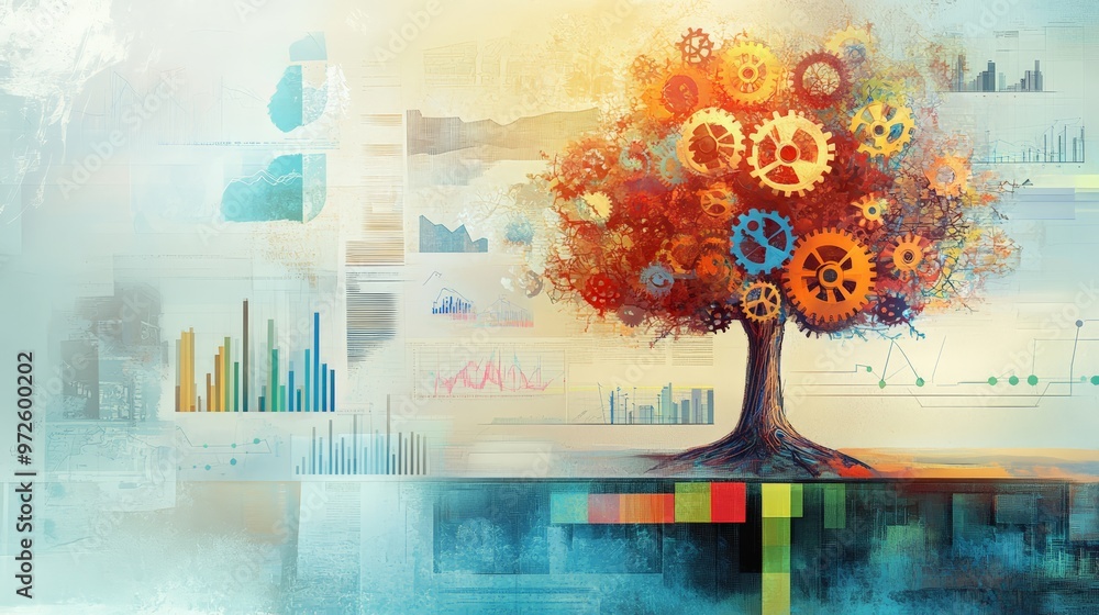 Aufkleber Abstract technology tree with colorful gears and data graphs symbolizing business growth and innovation. Concept of strategic planning.