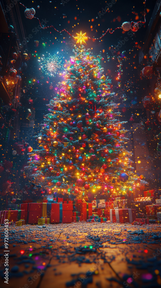 Canvas Prints A brightly lit christmas tree surrounded by presents