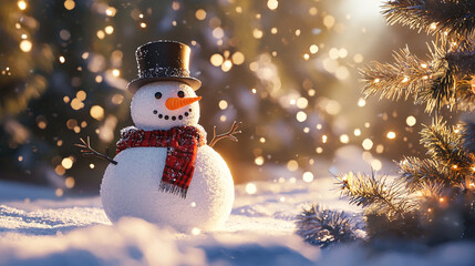 Obraz premium A cheerful snowman standing in a snowy winter scene with festive decorations and a holiday vibe