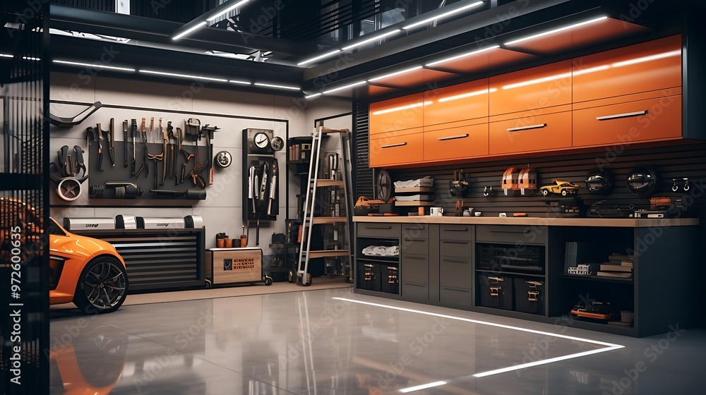 Poster a spacious and well-organized garage with neatly arranged tools and storage solutions.
