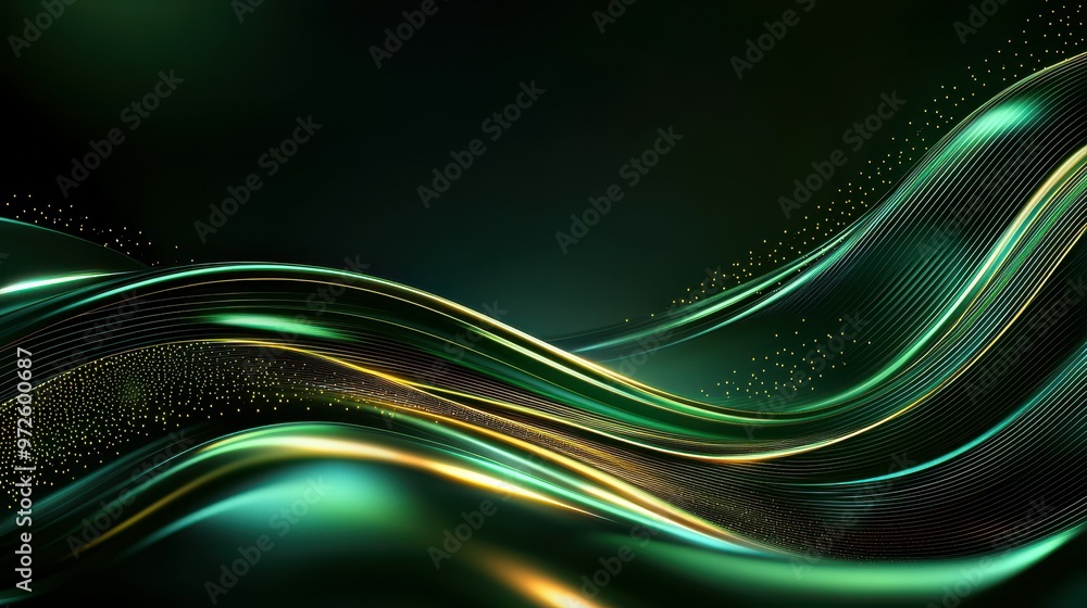 Poster flowing green waves with golden accents creating a dynamic abstract background.