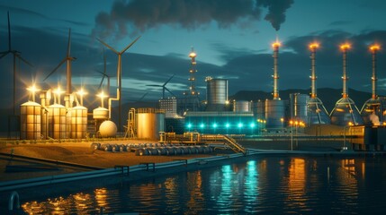 A large industrial plant with a lot of lights and smoke