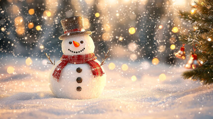 A cheerful snowman standing in a snowy winter scene with festive decorations and a holiday vibe
