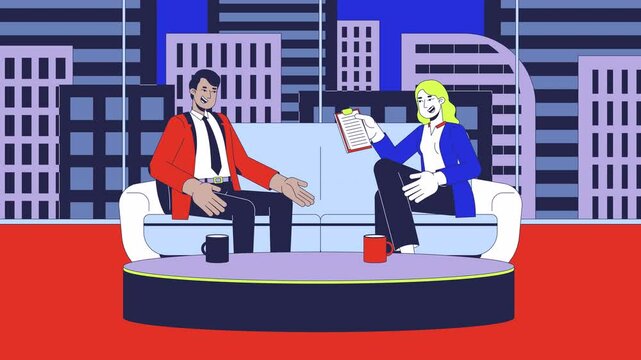 Interview show on TV cartoon animation. Cable television production. Broadcasting program 4K video 2D motion graphic. Interviewer asking questions interviewee animated characters on city background