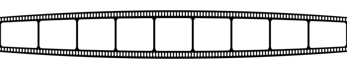 Blank curved film strip. Video or photo camera tape template. Storyboard layout. Frame for photographies collage isolated on white background. Cinematography equipment. Vector graphic illustration.