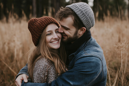 Happy couple with wooly hats in autumn cuddling