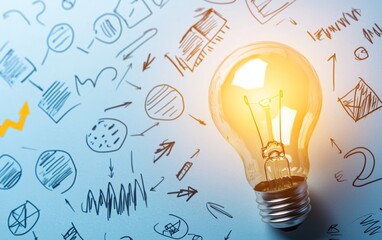 Light bulb surrounded by business-related doodles, financial graphs, and arrows, symbolizing inspiration and strategic thinking
