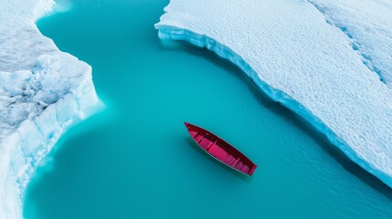 Obraz premium Lone boat floating amidst melting ice in a calm blue sea, surrounded by glacial formations, aerial perspective, polar expedition, adventure in icy waters