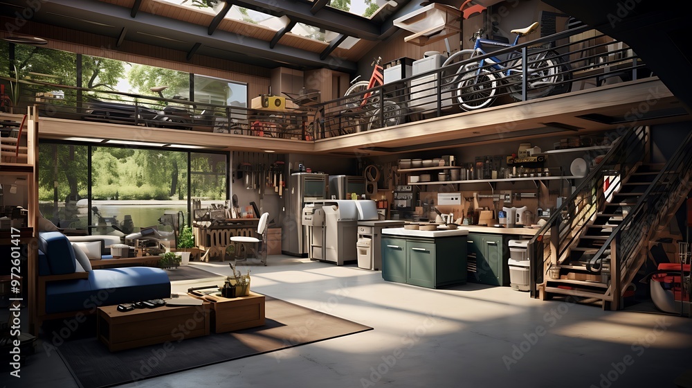 Poster a spacious and well-organized garage with neatly arranged tools and storage solutions.