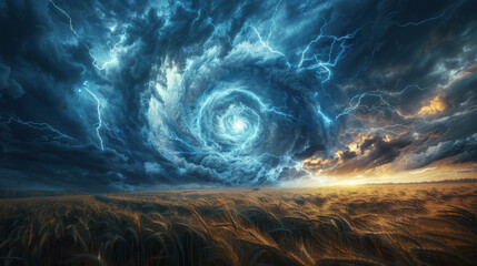 Stormy Sky with Vortex and Lightning over Field
