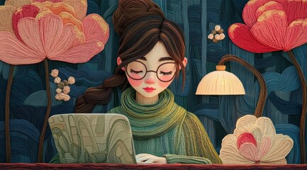 A serene moment of creativity captured in a cozy workspace adorned with vibrant flowers, where a young woman immersed in her thoughts types thoughtfully on a laptop during the evening