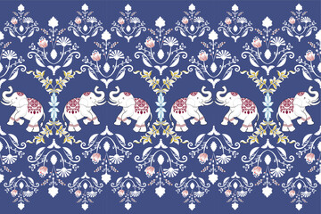 Thai pattern, elephants, seamless pattern, Navajo, traditional ethnic, fabric pattern for textiles, rugs, wallpaper, clothing, sarong, batik, wrapping, embroidery, print, background, cover, illustra