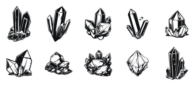 Black crystal formations vector illustration. Various shapes and clusters of black gemstones in a detailed style.