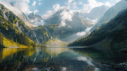 Fototapeta premium Picturesque Lake Surrounded by Grand Peaks and Cloudy Skies