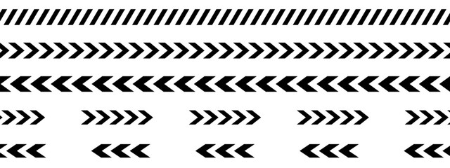 Black diagonal slashes and chevron prints for caution tapes or barricades. Signs for road marking, borders in quarantine zone, construction work area or crime scene. Vector graphic illustration.