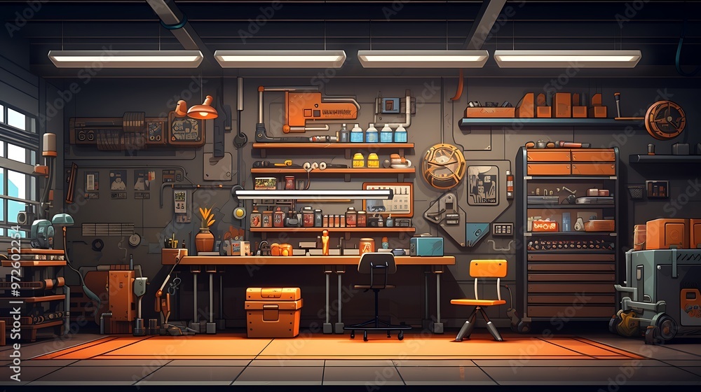 Poster a spacious and well-organized garage with neatly arranged tools and storage solutions.