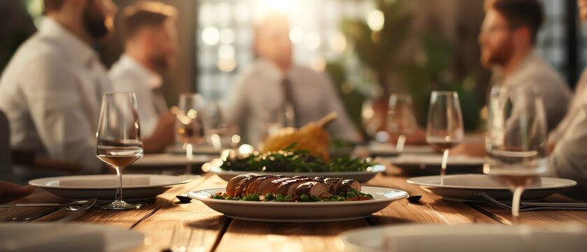 A group of professionals having a business lunch or dinner meeting at a restaurant with a meal served on a wooden table, focus on the food. - Powered by Adobe