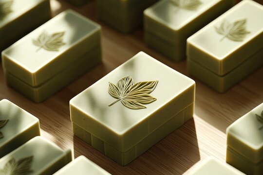 Aesthetic green soap bars with leaf designs, ideal for natural product promotion and eco-friendly themes in any setting.