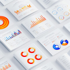 Colorful data visualization charts and graphs displayed on a white table.