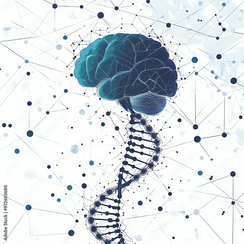 Aufkleber Abstract Illustration of a Brain Connected to a DNA Helix with a Network of Lines and Circles