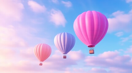 Fototapeta premium Three hot air balloons flying in the sky with a pink one, AI