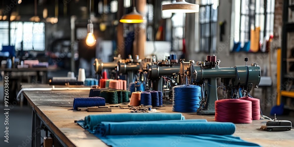 Poster a close-up view of spools of thread and fabric rolls on a table in a textile factory.
