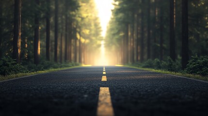 Fototapeta premium Serene forest road stretching through a dense canopy, illuminated by soft sunlight, creating a tranquil and peaceful atmosphere.