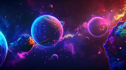 Naklejka premium Bright glowing planets in a surreal cosmic landscape