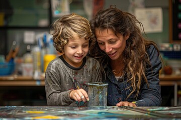 Fototapeta premium Mother and Child Painting Together: Joyful Art Session in Colorful Home Studio