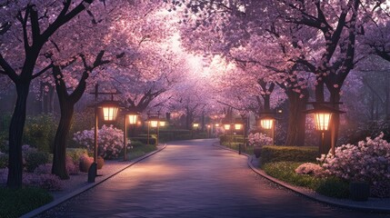 Fototapeta premium An illustration of a peaceful walkway through a park, with cherry blossom trees in full bloom and traditional lanterns lighting the path.