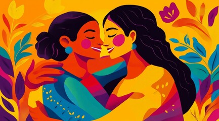 Two friends share a warm embrace in a vibrant landscape filled with colorful flowers, celebrating connection and joy in a sunny atmosphere